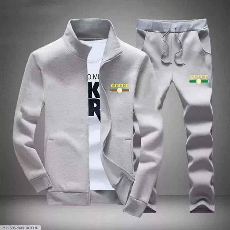 Men’s-printed Fleece zipper track suit 2 pec in gray